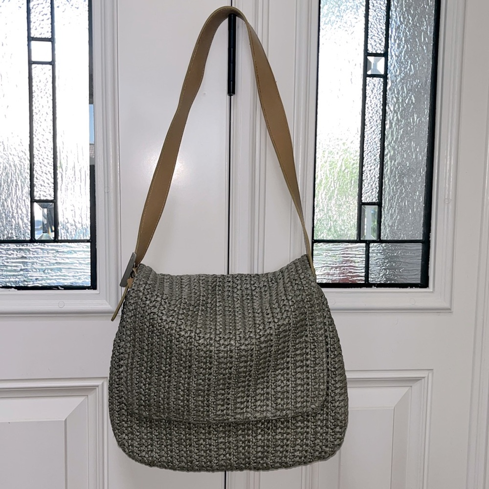 Olive Green Woven Faux Leather Satchel Hobo Bag, Bohemian Prairie Purse w/ Flap